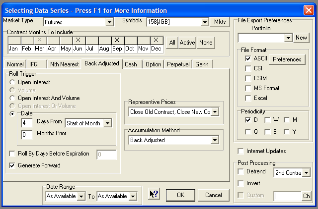 rollover parameters used in building a backadjusted continuous contract