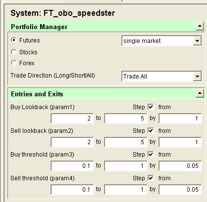 Blox run setup, 5776 tests of George Pruitt's trading system from Futures Truth magazine