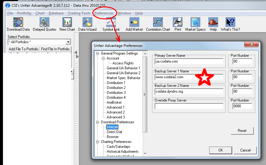 My copy of CSI UA was preconfigured with backup server locations