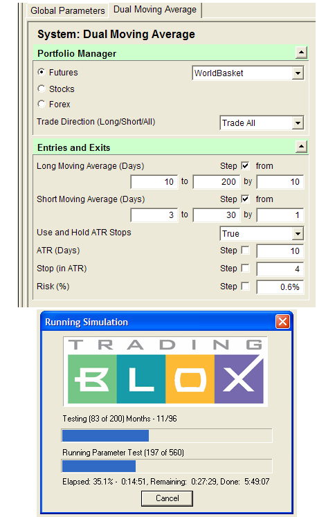Simulation setup showing parameter ranges