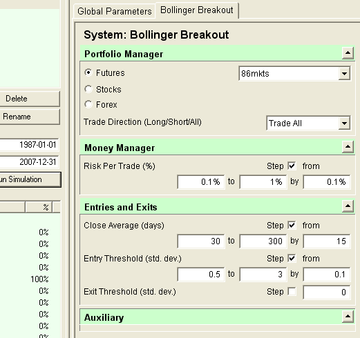 Bollinger simulation parameters